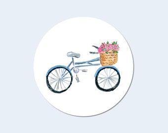 Bicycle Stickers | Bike with Basket Round Sticker | Bicycle Lover Envelope Seal | Birthday Sticker | Painted Label | Spring Favor Sticker