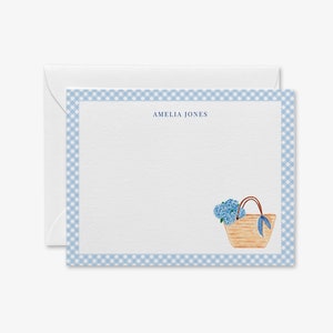 Hydrangea Rattan Bag Personalized Stationery | Blue Gingham Notecards | Thank You Notes | Hostess Gift | Gift for Her | Tote Bag Cards