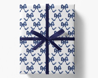 Blue and White Bow Gift Wrap | Navy Blue Bow Wrapping Paper | Something Blue Bridal Shower Gift | Baby Shower, Baby Birthday | Blue Holiday