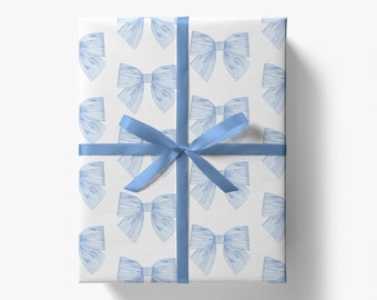Blue Bow Gift Wrap | Striped Bows Wrapping Paper | Something Blue Bridal Shower Gift | Baby Shower, Baby Birthday | French Blue Holiday