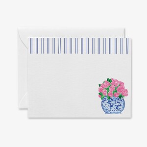 Platte notitiekaarten met pioenrozen in gemberpotje [set van 8] | Chinoiserie Notitiekaart | Pioennoten | Cadeauset | Gastvrouwcadeau | Preppy aquarel, bedankt