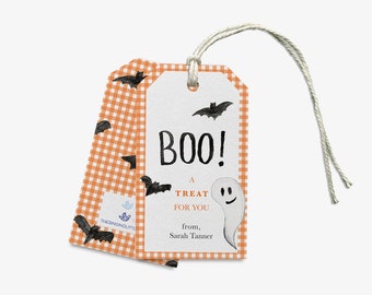 Boo Halloween Favor Tags | Gingham Pumpkin Gift Tags | Fall Ghost Bat Favor Tag | Watercolor Autumn Tag | Halloween Class Party Personalized