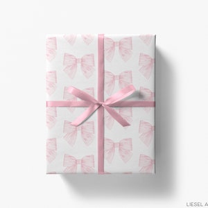 Pink Bow Gift Wrap | Striped Bows Wrapping Paper | Feminine Bridal Shower Gift | Baby Shower, Baby Birthday | Girly Light Pink Holiday Bows