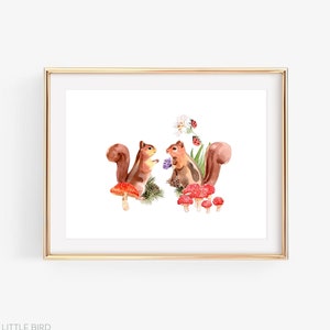 Squirrel Watercolor Print | Hand Painted Squirrel Art | Artwork | Nature Fine Art | Home Decor | Fall Home Decor | Autumn Mushrooms