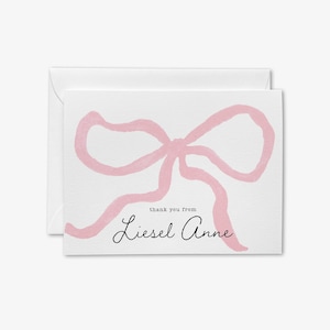Tarjetas de agradecimiento personalizadas con lazo rosa / Tarjetas dobladas con una nota de Girly / Tarjetas de agradecimiento para baby shower / Tarjeta de acuarela / De The Nursery Of Bow