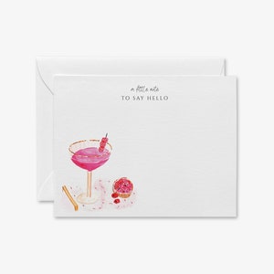Raspberry Cream Cocktail Flat Notecards [Set of 8] | Bar Cart Thank You Note | Feminine Notecard Set | Pink Greeting Cards | Coupe Glass