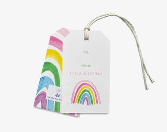Etiquetas de presente em aquarela com arco-íris | Etiquetas de lembrancinhas de aniversário infantil