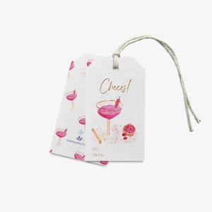 Pink Coupe Glass Cheers Gift Tags [Sets of 8] | Cocktail Tag | Feminine Tag | Birthday Tag | Favor Tags | Coupe Glass Pink Floral Tag