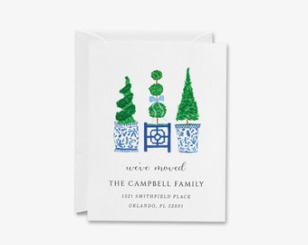 Topiary Moving Announcement Card | Change of Address Card | We've Moved Cards | New Home | Personalized House | Blue and White Chinoiserie