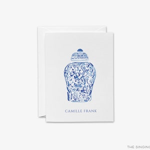 Personalized Ginger Jar Folded Card Set | Hostess Gift | Chinoiserie Thank You Cards | Feminine Cards for Her | Custom Greeting Cards | Blue