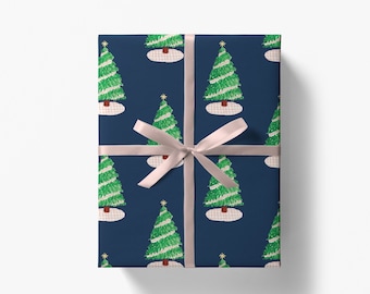 Navy Pink Gingham Christmas Gift Wrap | Christmas Tree Wrapping Paper | Holiday Wrapping Paper | Christmas Tree | Watercolor Pink and Blue