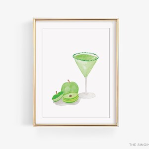 Martini-barwagen kunstafdruk | Handgeschilderde cocktailkunst | Appletini-waterverf | Schone kunsten | Groene drankdecoratie | Muurkunst sour Apple martini
