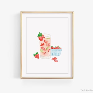 Aardbei-basilicum barwagen kunstafdruk | Handgeschilderde cocktailkunst | Aardbeiencocktail aquarel | Drankdecoratie | Muurkunst aardbei-basilicum