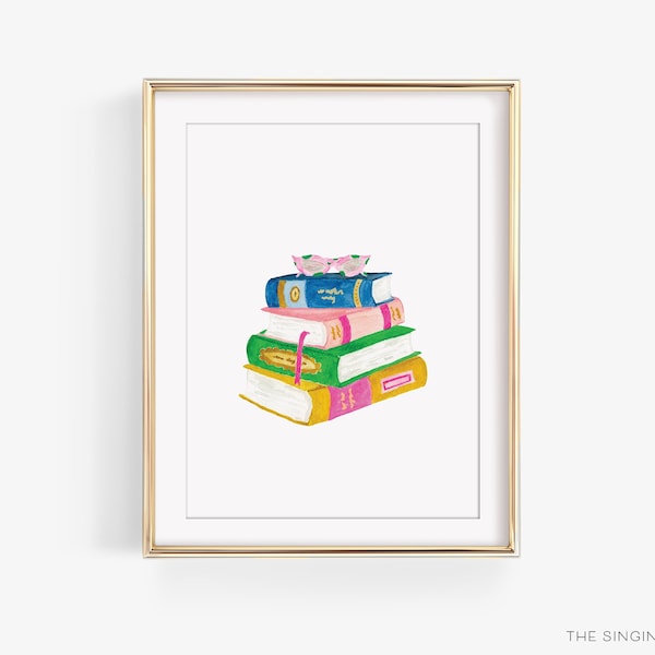 Book Lover Art Print | Hand Painted Book Stack Art | Readers Nook Watercolor | Library Books Wall Art | Preppy Funky Reading Glasses | Decor