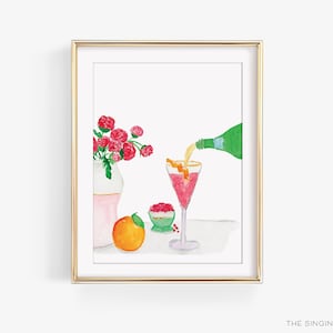 バーカートアートプリント | 手描きカクテルアート | キッチン水彩画 | ファインアート | 女性らしい部屋の装飾 | ドリンクプリント | シャンパンフルート