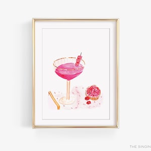Impresión artística de carrito de bar / Arte de cóctel pintado a mano / Acuarela de cocina / Bellas artes / Decoración femenina / Impresión de bebidas / Copa de martini de copa rosa