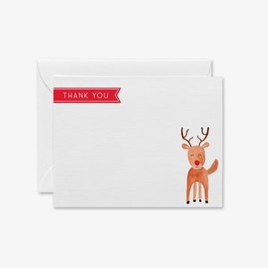 Cartões de agradecimento de Natal com renas [conjuntos de 8] | Papelaria plana para feriados | Cartões de agradecimento de Natal para crianças | Cartão de agradecimento de feriados