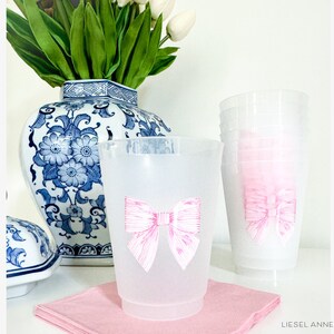 Striped Pink Bow Frosted Shatterproof Cups | Reusable Baby Shower Party Cups | Bridal Shower Cups | 16oz Cup | Bow Cups image 2