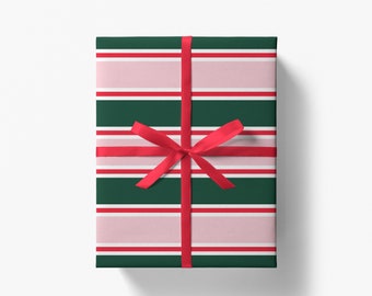 Green, Blush and Red Stripe Christmas Gift Wrap | Christmas Wrapping Paper | Pink Holiday Wrapping Paper | Forest Green and Blush Stripes