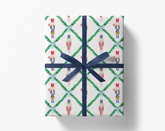 Nutcracker Trellis Christmas Gift Wrap | Christmas Bows Wrapping Paper | Holiday Wrapping Paper | Nutcracker Candy Cane Paper | Blue Bows