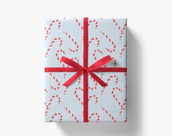 Candy Cane Christmas Gift Wrap | Light Blue Watercolor Christmas Wrapping Paper | Holiday Wrapping Paper | Peppermint Blue | Red and White