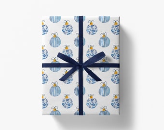 Chinoiserie Christmas Gift Wrap | Ginger Jar Watercolor Christmas Wrapping Paper | Ornament Holiday Wrapping Paper | Blue and White Hannukah
