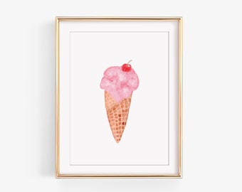 Ice Cream Cone Watercolor Print | Fine Art Home Decor