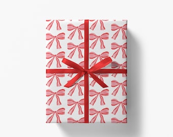 Red Bows Gift Wrap | Christmas Wrapping Paper | Vintage Holiday Wrapping Paper | Valentines Wrapping Paper | Red Bow Lover | Red and White