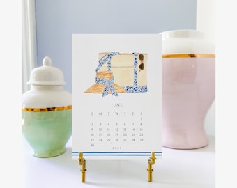 Calendrier de bureau 2024 bleu et blanc Lovers | Cadeau aquarelle | mensuel Preppy Grandmillennial Chinoiseries | Cadeau d'hôtesse | Impression artistique