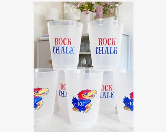 Jayhawk *Officially Licensed* Frosted Shatterproof Cups | Set of 8 | 16oz Reusable Kansas Jayhawks Party Cups | Game day Cup | Rock Chalk KU