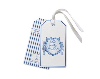 Nutcracker Christmas Crest Gift Tag [Sets of 8] | Blue and White Christmas Tag | Grand Millennial Tag | Watercolor Tag | Christmas Tag