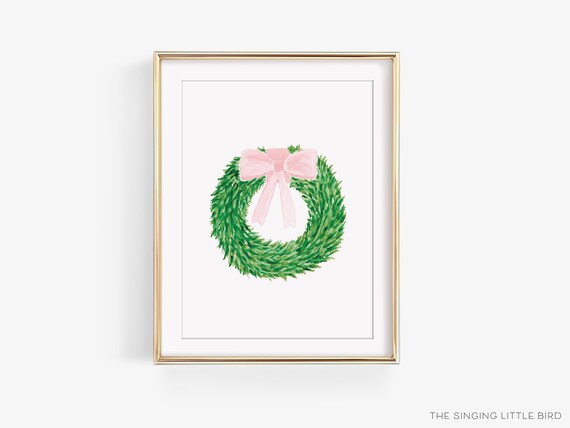 Pink Bow Wreath Art Print | Watercolor Floral, Spring Decor