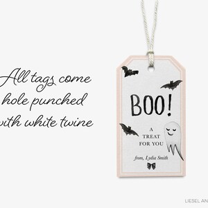a Halloween-themed tag with the text "All tags come hole punched with white twine" and a ghost decoration.
