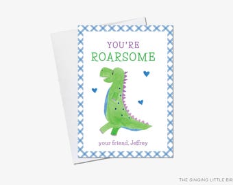 Personalized Kids Valentine Cards for School | Dinosaur Valentine's Day Cards | Classroom Valentines | Class Valentines | Roar-Some Pun Boys