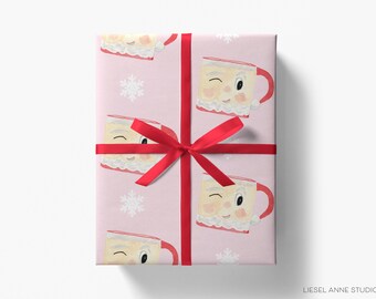 Papel de regalo para taza de Papá Noel: copos de nieve rosas y rojos, estilo vintage navideño