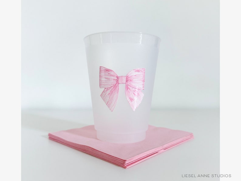 Striped Pink Bow Frosted Shatterproof Cups | Reusable Baby Shower Party Cups | Bridal Shower Cups | 16oz Cup | Bow Cups image 4