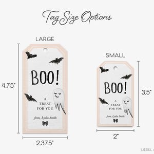 two different tag sizes, labeled as large and small, with a Halloween theme. The tags are designed to be used as personalized treat bags for a Halloween party.