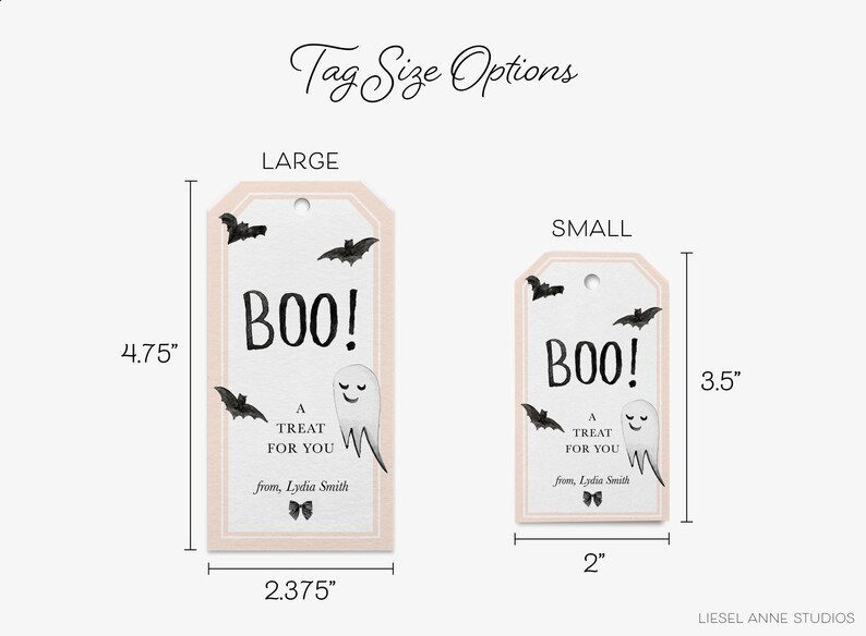 two different tag sizes, labeled as large and small, with a Halloween theme. The tags are designed to be used as personalized treat bags for a Halloween party.