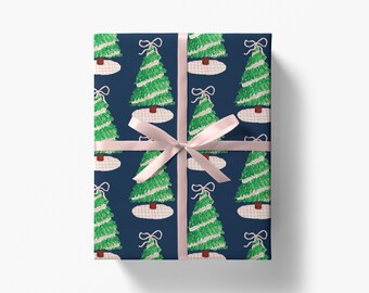Cadeau de Noël Vichy rose marine | Papier cadeau pour sapin de Noël | Papier cadeau des Fêtes | Arbre de Noël | Aquarelle rose et bleu