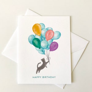 Cat Happy Birthday Card | Cat Lover Balloons Birthday Card | Cat Birthday Card | Birthday Card for Cat Owner | Watercolor Cat Bday Card