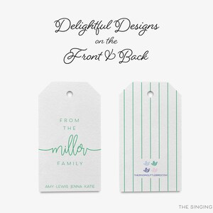 May include: Two gift tags with a green and white striped design. The front tag has the text "From the Miller Family" in green script. The back tag has the text "The Singing Little Bird" and a website address.