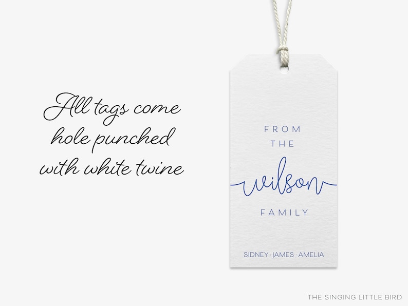 May include: A white gift tag with blue text that reads "From the Wilson Family Sidney James Amelia" and "The Singing Little Bird".