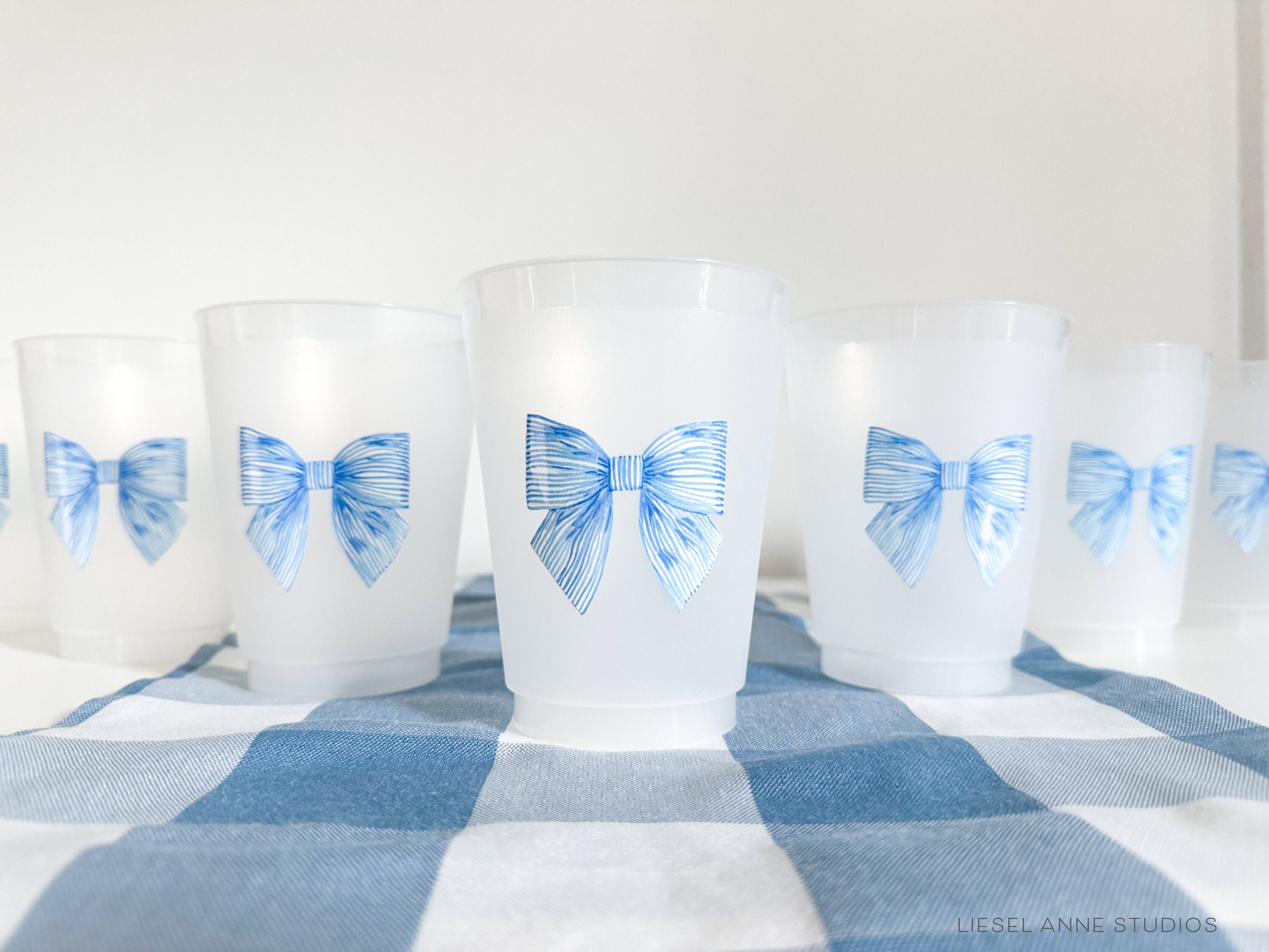 Striped Blue Bow Frosted Shatterproof Cups | Set of 8 | Reusable Baby Shower Party Cups | Bridal Shower Cups | 16oz Cup | Bow Cups