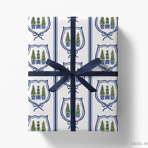 Topiary Christmas Gift Wrap | Chinoiserie Watercolor Christmas Wrapping Paper | Ginger Jar Holiday Wrapping Paper | Blue and White Preppy