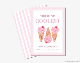 Personalized Kids Valentine Cards for School | Ice Cream Valentine&#39;s Day Cards | Classroom Valentines | Cute Girly Pun | You&#39;re The Coolest