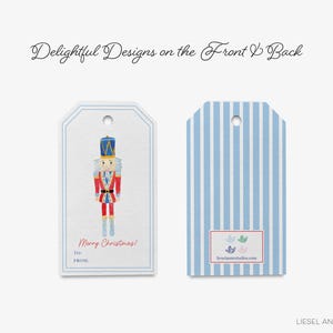 two tags, one with a nutcracker design and the other with a striped pattern, both placed against a white background.