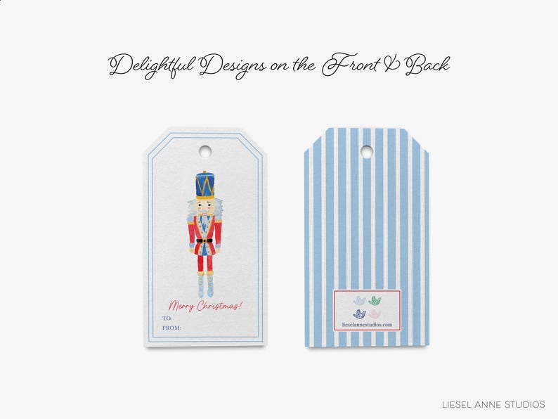 two tags, one with a nutcracker design and the other with a striped pattern, both placed against a white background.