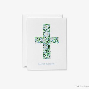 Tarjeta de felicitación con bendiciones de Pascua / Tarjeta cristiana / Tarjeta de feliz Pascua / Tarjeta plegada con acuarela floral en forma de cruz / Tarjeta con flores azules y blancas