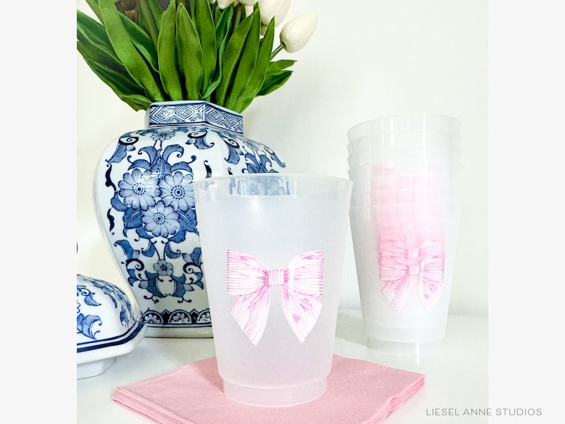 Striped Pink Bow Frosted Shatterproof Cups | Reusable Baby Shower Party Cups | Bridal Shower Cups | 16oz Cup | Bow Cups image 2