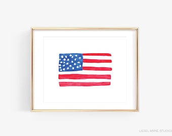 American Flag Watercolor Print | Patriotic USA Wall Art